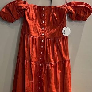 Staud  off the shoulder mid length dress/ poplin/ paprika color